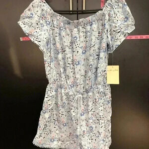 BeBop Off The Shoulder Floral Romper, tie waist, flutter short sleeve